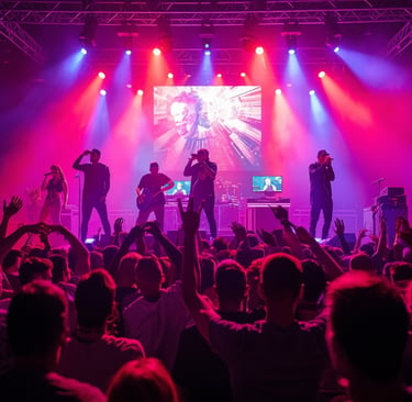 um grupo de pessoas em pé em um palco com as mãos levantadas, grande show