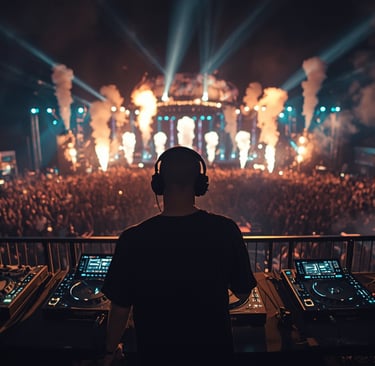 Um DJ mixando música em uma sala grande.