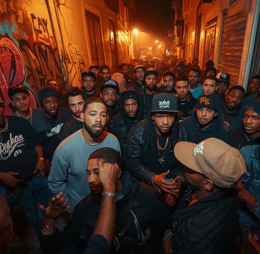 um grupo de homens em pé num beco