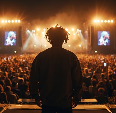 Um homem em pé em frente a um palco com um microfone.
