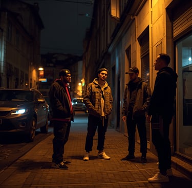 um grupo de homens em pé na calçada