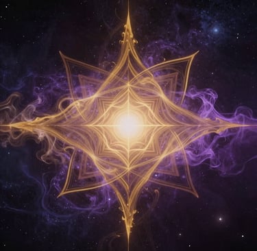 A magnificent, avant-garde digital representation of sacred sound waves fusing abstract cosmic geometry with fluid golden and purple smoke. Designed to evoke the dawn of spiritual awakening for a Global South Asian / Indian Spiritual Audience, set against a deep mystical space background.