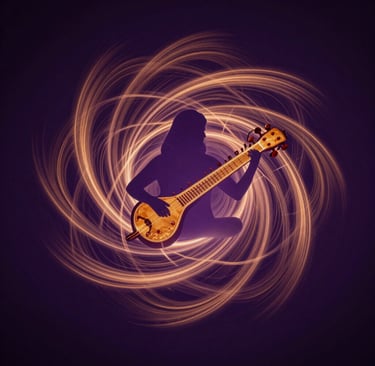 An abstract, long-exposure photograph of swirling light trails in deep violet and warm celestial amber, forming cosmic geometric patterns reminiscent of sacred mandalas. A subtle, modern silhouette of a classical Indian sitar or veena integrated into the energy waves. Sophisticated, meditative, and avant-garde atmosphere, evoking a sense of divine resonance. Designed for a Global South Asian / Indian Spiritual Audience.