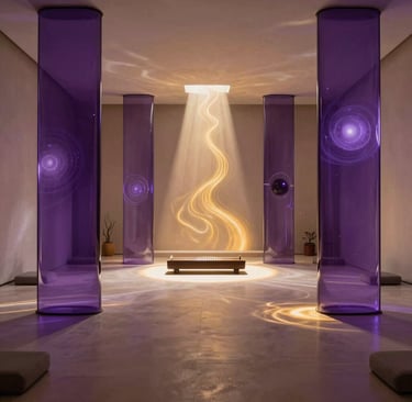A wide-angle, atmospheric photograph of a minimalist, ultra-modern meditation room with abstract cosmic glass installations. Soft light beams in deep violet and amber illuminate a serene altar space with an acoustic instrument. Intricate reflections of fluid gold light create a celestial and meditative sanctuary atmosphere. High-end architectural photography, Global South Asian / Indian Spiritual Audience context.