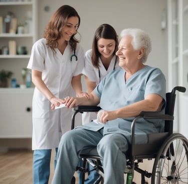 A healthcare team in scrubs gathered together, showing teamwork and support.