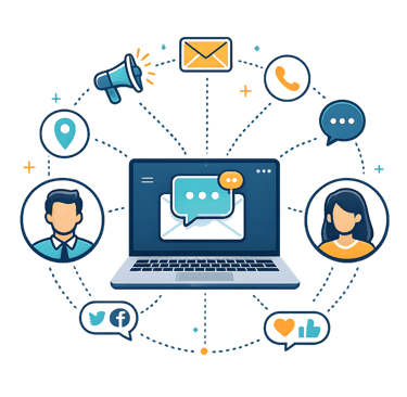 Digital marketing illustration showing a laptop connected to social media, email, and communication icons.