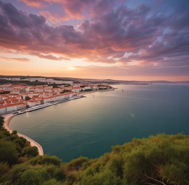 A serene Portuguese coastal village at sunset, capturing the warm light and charm that inspire Alexandre Ament's writing.