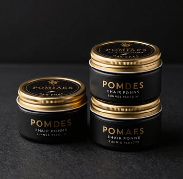 Close-up of a sleek black and gold pomade jar with a glossy finish on a dark wooden surface