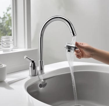 A close-up of a water tap with clear water flowing, highlighting the unseen infrastructure behind it.