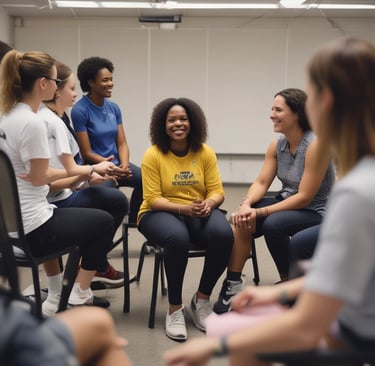 Kerry-Ann Brown warmly engaging with a group of women during a coaching session.