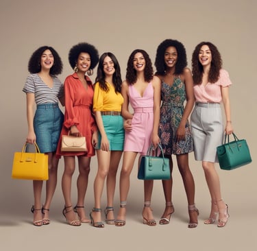 A group of fashionable women laughing together, each showcasing unique bags and sandals.