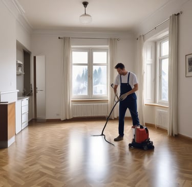 A team member in uniform carefully cleaning a construction site floor.