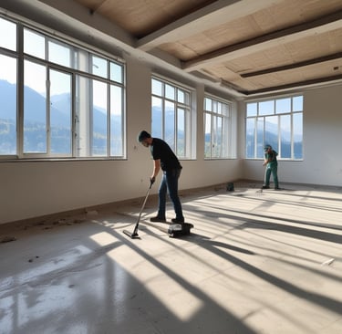 A team member in uniform carefully cleaning a construction site floor.
