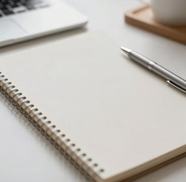 A close-up shot of high-quality design materials, such as a sleek silver pen and a professional notebook, on a desk with colors like #E0E1DD. The lighting is soft and natural, emphasizing a clean and inviting creative workspace.