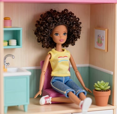 An elegant black doll figurine dressed in a fashionable outfit, symbolizing the brand's dedication to style.