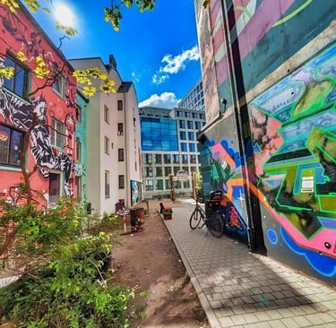 Gängeviertel in Hamburg with colorful street art alley and graffiti walls, urbane Kunst und Szene im Viertel