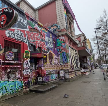 Rote Flora in Hamburg with graffiti and street art, St. Pauli Szene mit urbaner Kunst und alternativer Kultur
