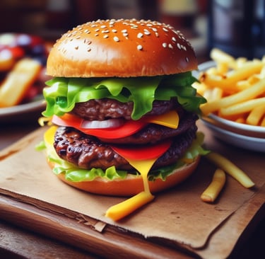A refreshing craft soda in a glass bottle next to a burger and fries on a checkered napkin.