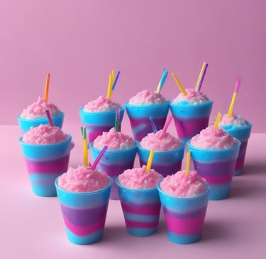A festive table decorated with bowls of freshly made cotton candy and granité cups ready to serve.