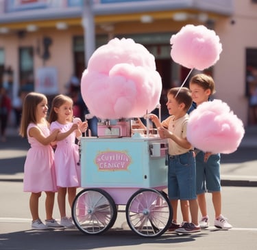 A vibrant party scene with both granité and cotton candy machines busy serving delighted guests.