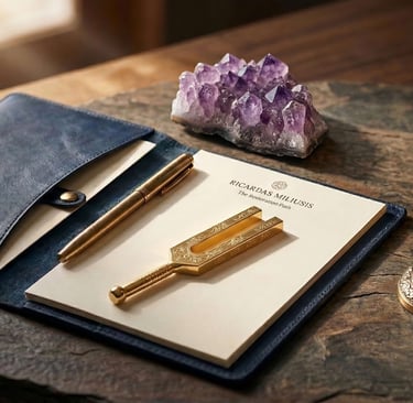Tuning fork, amethyst crystal, and Ricardas Miliusis The Restoration Path notebook for holistic ther