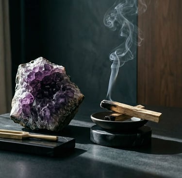 Amethyst, palo santo, and 528Hz tuning fork used in Ricardas Miliusis therapy sessions