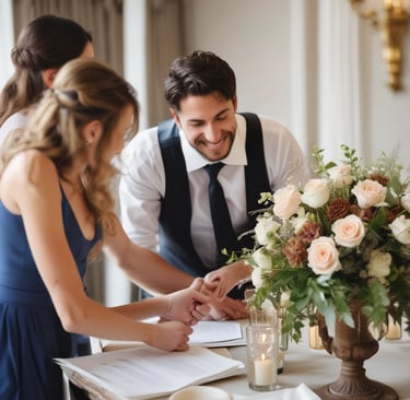 A friendly event planner assisting a couple with their wedding arrangements.