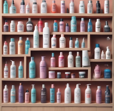 Cosmetic bottles and jars from Miguett and Cosmedic Peeling lined up on a wooden shelf.
