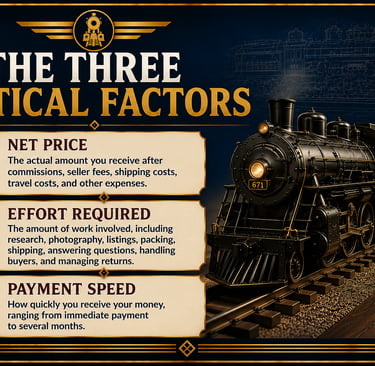 Infographic explaining the three key factors in choosing the best way to sell model trains.