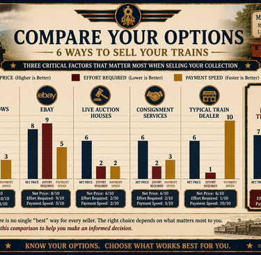 Infographic comparing six ways to sell a model train collection by price, effort, and payment.