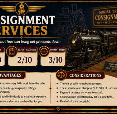 Infographic explaining the advantages and challenges of selling model trains on consignment.