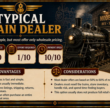 Infographic explaining the advantages and challenges of selling model trains to a dealer.