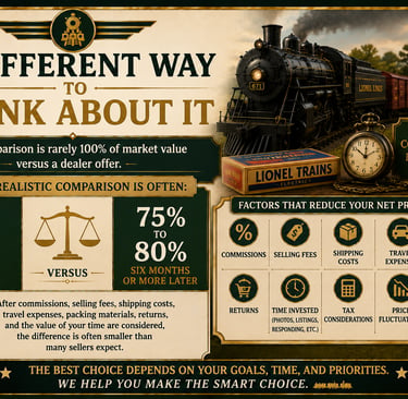 Infographic explaining why net proceeds matter more than the highest selling price for model trains.