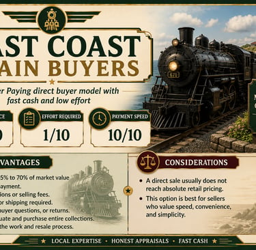 Infographic explaining East Coast Train Buyers' direct purchase process for model train collections.