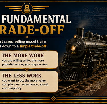 Infographic explaining the trade-offs between price, effort, and speed when selling model trains.