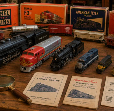Vintage model trains in multiple scales displayed to help identify brands and collection types.