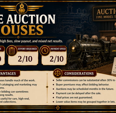 Infographic explaining the advantages and challenges of selling model trains at auction houses.