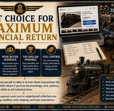Infographic explaining how to maximize your return when selling a model train collection.