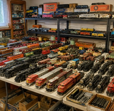 Large Lionel model train collection with original boxes, locomotives, and passenger cars.