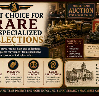 Infographic explaining the best selling methods for rare and specialized model train collections.