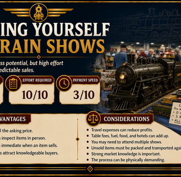 Infographic explaining the advantages and challenges of selling model trains at train shows.
