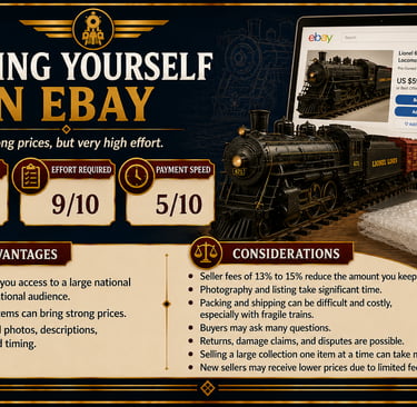 Infographic explaining the advantages and challenges of selling model trains on eBay.