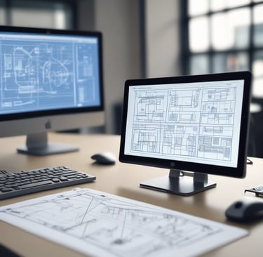 CAD-Arbeitsplatz mit technischen Zeichnungen für CNC-Projektplanung und Arbeitsvorbereitung