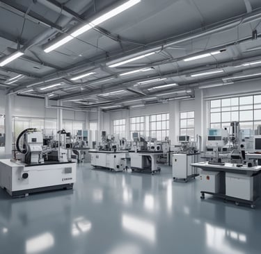 Moderne Produktionshalle mit mehreren CNC-Maschinen für industrielle Serienfertigung