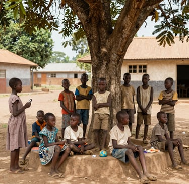 Close-up of a colorful lexical table featuring French and Duálá words alongside vivid illustrations.