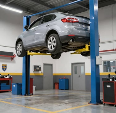 Concrete staircase with orange railings and red fire equipment.