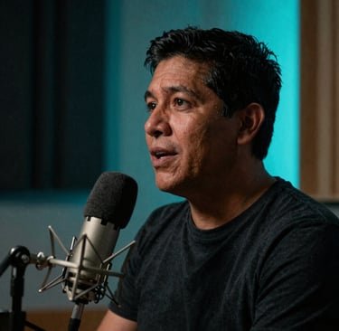 A cinematic close-up of a professional musician in a South American / Colombian recording booth, moody atmosphere with electric neon cyan backlighting and deep charcoal black shadows, focused and inspired expression.