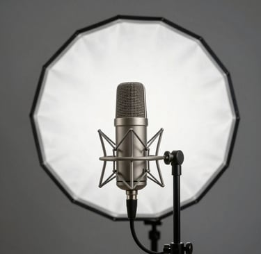 A modern studio scene in a South American / Colombian urban setting, featuring a professional microphone on a stand, soft cloud white lighting against a gunmetal grey background, high-quality cinematic texture.