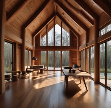 A modern house exterior featuring wooden paneling combined with sleek aluminum window frames.