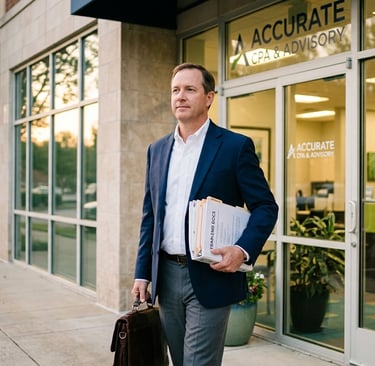 CPA carrying client tax documents outside an accounting office during tax season